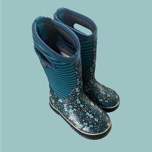 Bogs Teal Floral & Striped Kids Rain Boots